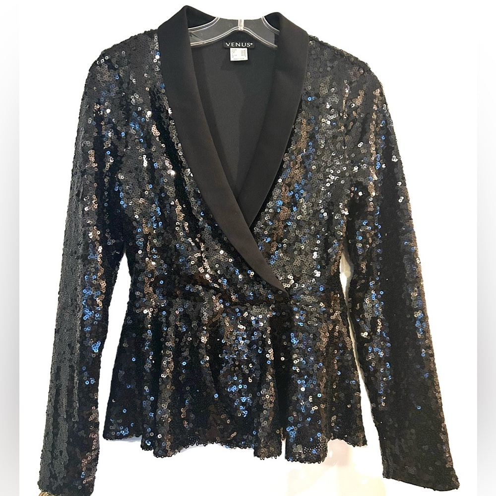 VENUS Black Sequin Peplum Blazer – Size Small